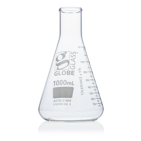 GLOBE SCIENTIFIC Flask, Erlenmeyer, Globe Glass, 1000mL, Narrow Mouth, Dual Graduations, ASTM E1404, 6/Box 8401000